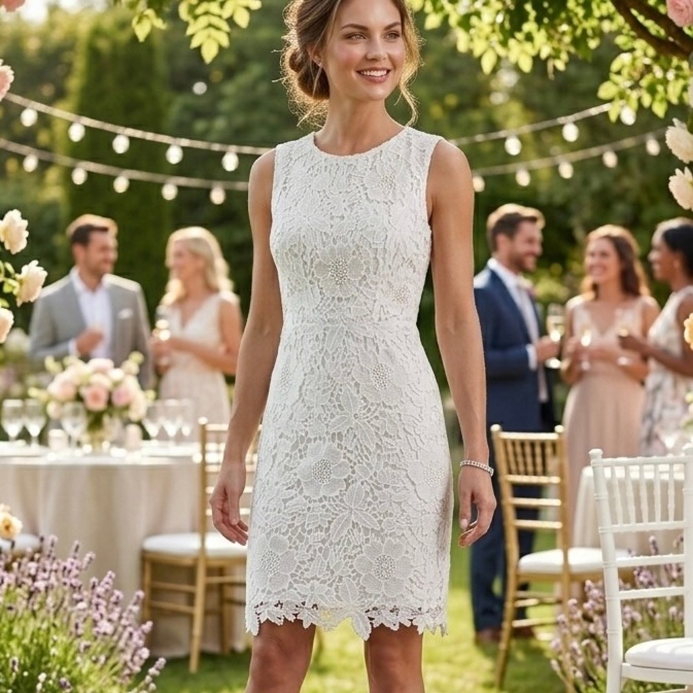 White Floral Guipure Lace Pearl Embellished Sheath Midi Romantic Dress